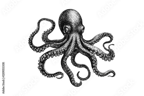 Black sketch effect hand-drawn octopus, vintage art in old engraving style, animal print on white background, trendy illustration.