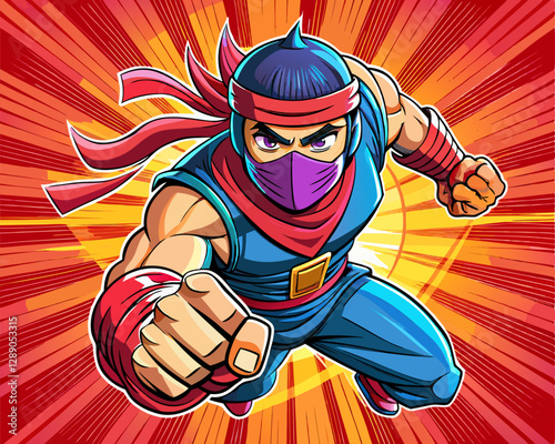 Pop art comic book style super ninja punching in mask