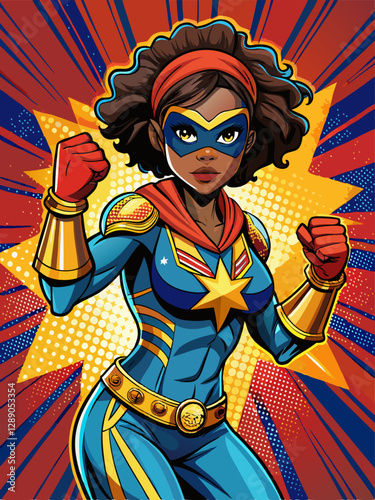 Pop art comic book style super heroine Wearing a mask