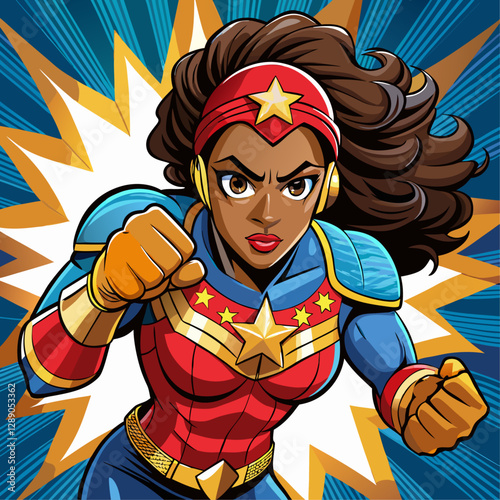 Pop art comic book style super heroine Wearing a mask with female superhero costume poster.