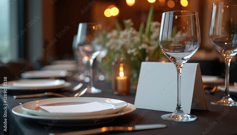 Luxury fine dining table setting with blank menu invitation card mockup. Elegant dinnerware, silverware, glasses. Romantic catering decor for upscale events. Celebration template for weddings, Luxury fine dining table setting with blank menu invitation card mockup. Elegant dinnerware, silverware, glasses. Romantic catering decor for upscale events. Celebration template for weddings,