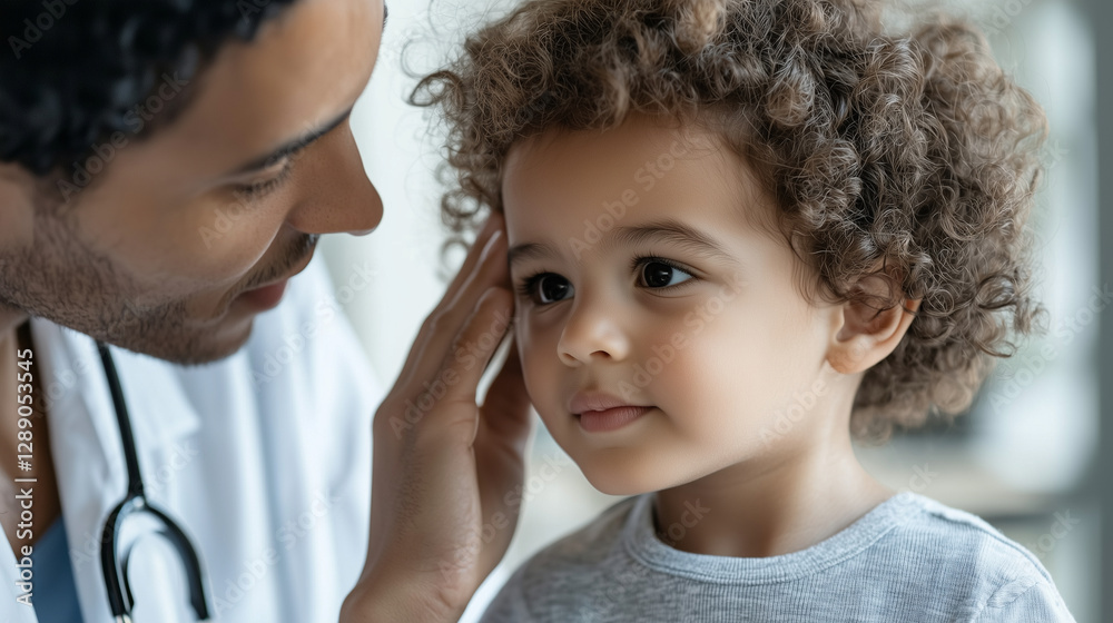 Side view of doctor testing hearing, child tilting head slightly, attentive look. Natural light, fine details. Side view of doctor testing hearing, child tilting head slightly, attentive look. Natural light, fine details.