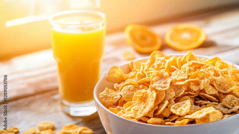 Freshly Served Breakfast Cereal Bowl with Juice on Sunlit Table Freshly Served Breakfast Cereal Bowl with Juice on Sunlit Table