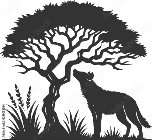 A hyena standing under a tree, sniffing the air vector animal silhouette