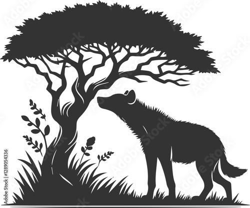 A hyena standing under a tree, sniffing the air vector animal silhouette