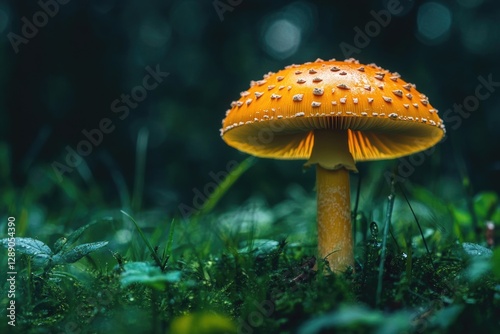 A single yellow mushroom sits atop a vibrant green field, great for nature and outdoors themes photo