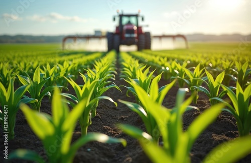 Corn field with young plants, tractor spraying pesticides in background. Agriculture machinery cultivates land with fertilizers, insecticides, herbicides. Weed killer application, farming, food photo