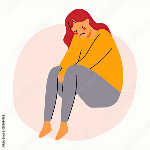 Menopause symptoms flat illustration. Vector of a woman sitting alone with a sad face, representing menopause-related anxiety and depression, soft neutral colors