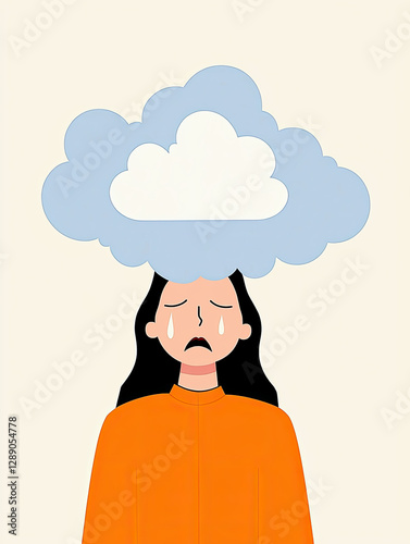 Menopause symptoms flat illustration. Flat art of a frustrated woman with storm clouds over her head, symbolizing mood swings and emotional instability in menopause