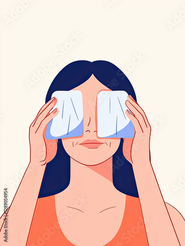 Menopause symptoms flat illustration. Flat digital illustration of a woman placing cooling gel packs on her face, managing night sweats, menopause relief concept