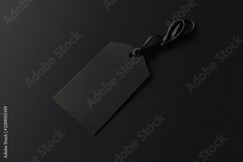 Black blank price tag on dark background with string ribbon photo