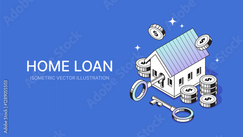 Isometric vector illustration of a home loan concept featuring a mortise key, dollar coins, and a house