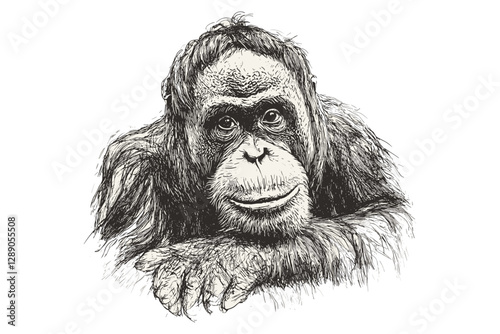 Black sketch effect animal art, hand-drawn orangutan vintage style, wildlife illustration, trendy wall decor, nature drawing, artistic wall piece, old engraving artwork.