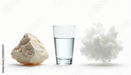 Solid, liquid, gas on white background shows states of matter. Glass water cup, stone, fume cloud represent science, chemistry states, phases. Study substance properties, transformation.