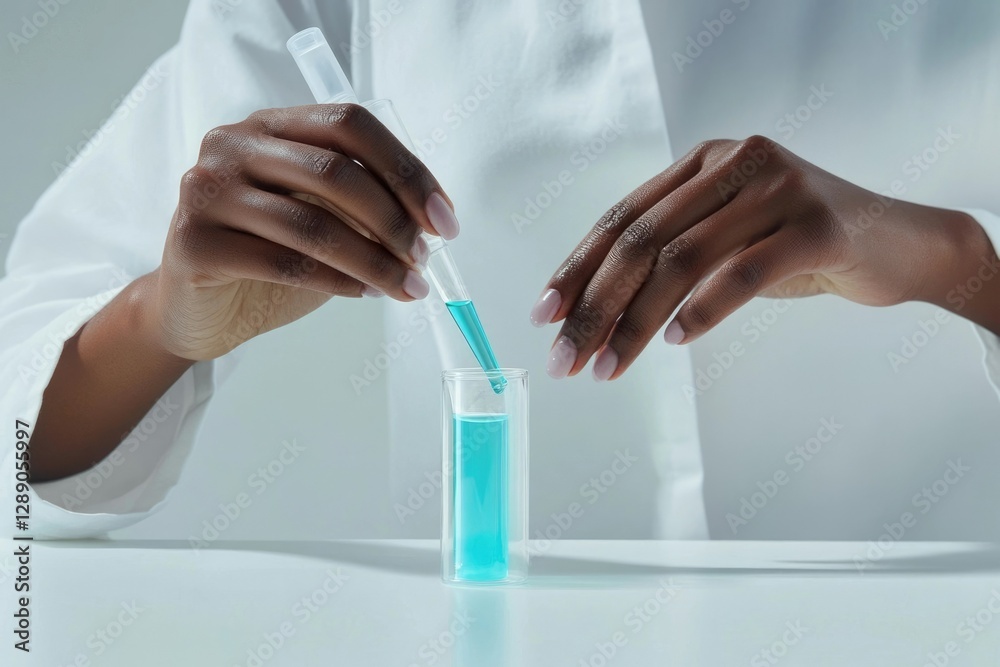 Fototapeta premium A scientist carefully adds a light blue liquid into a small glass test tube using a pipette.