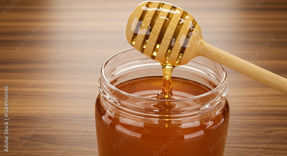 Pouring Honey into Glass Jar with Wooden Dipper on Wooden Table Pouring Honey into Glass Jar with Wooden Dipper on Wooden Table