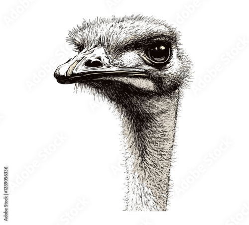 Ostrich illustration in old engraving style, black sketch effect, aquatic animal, vintage art, wildlife vector print design, antique style rodent, detailed wildlife drawing.