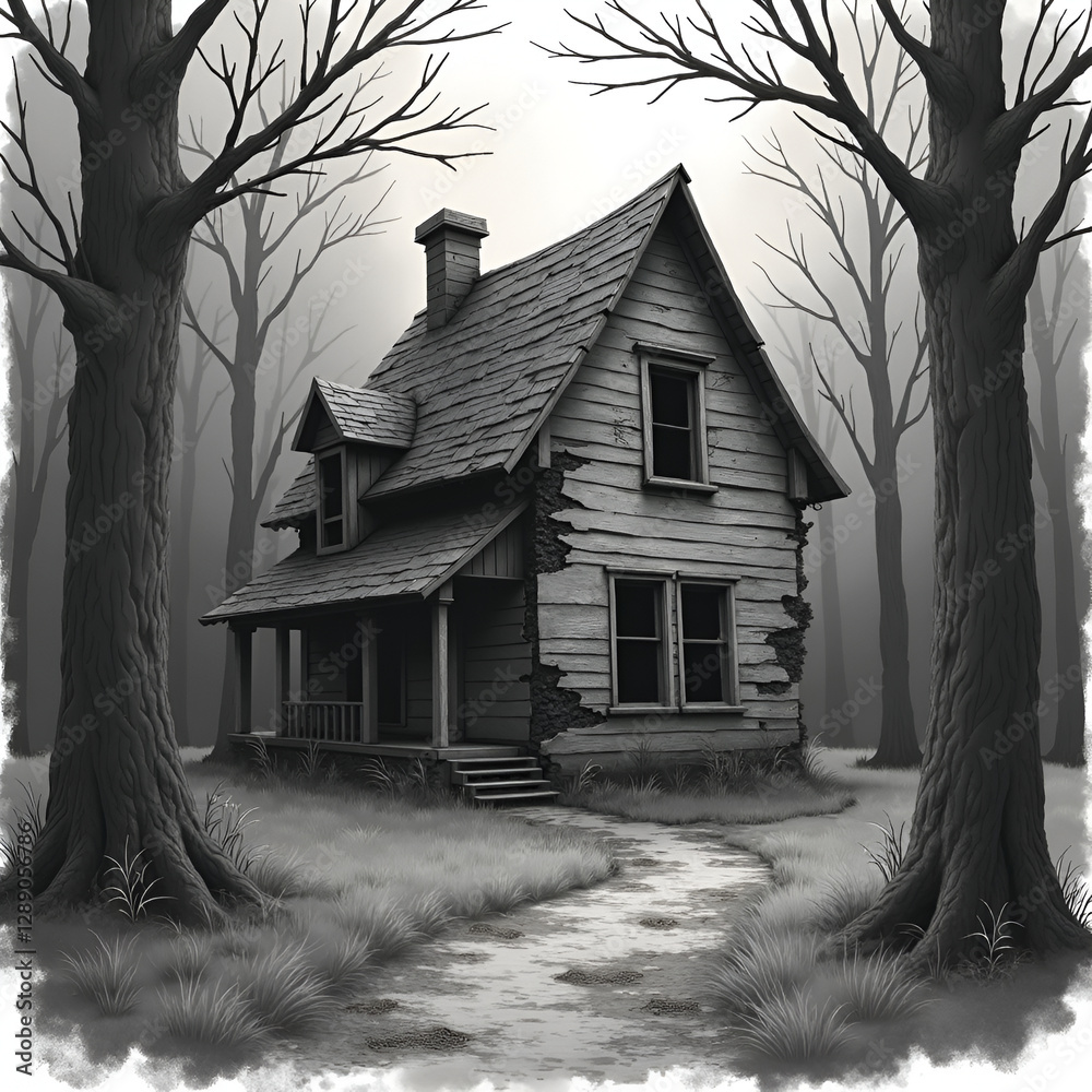 Obraz premium Old Abandoned Wooden House in Foggy Forest Art Print