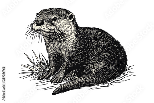 Black sketch effect, vintage art, cute animal, hand-drawn otter, aquatic animal, wildlife, vector, print design, trendy, antique style, white background, illustration.