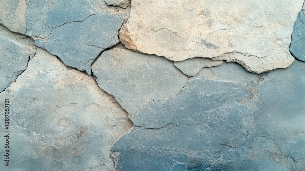 Obraz premium Close-up view of a stone wall with gray and beige stones. The stones are irregular in shape and size, with visible cracks and crevices. The texture