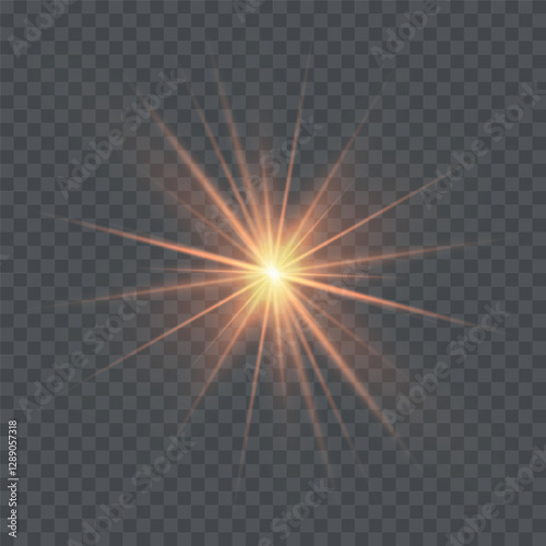 Yellow sun with rays and glow on transparent like background