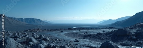 Wallpaper Mural Rough cratered terrain with dark grey soil and distant blue sky, vast space, barren landscape, geological features Torontodigital.ca
