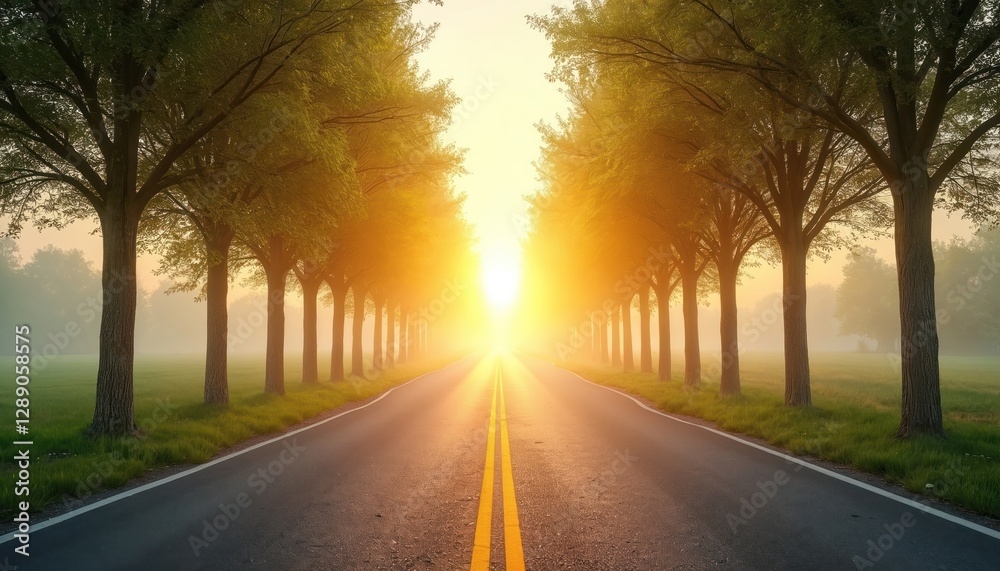 Fototapeta premium Tree lined road leads toward bright sunny horizon symbolizing journey toward success and opportunities. Large space for text or product presentation in center. Sunny inspirational landscape.
