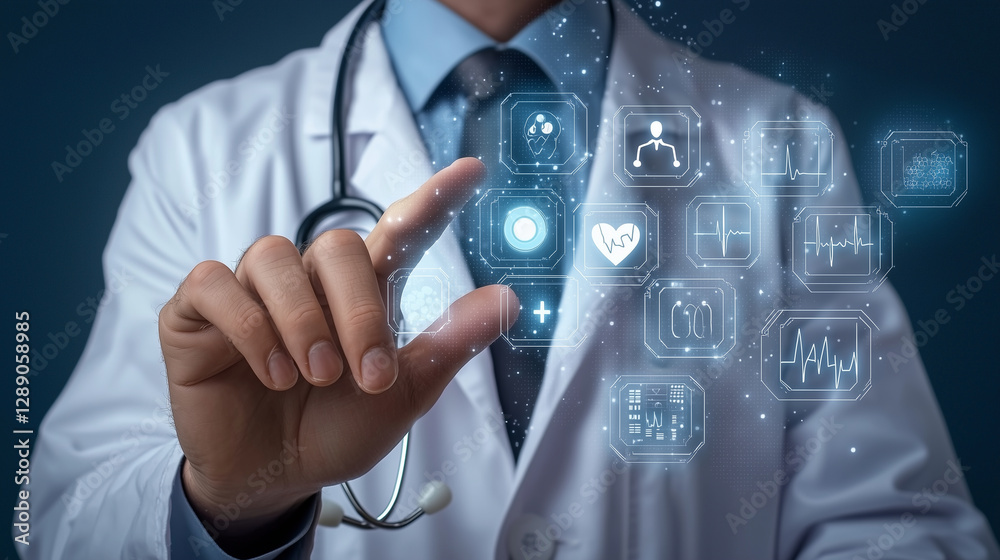 Doctor with stethoscope tapping digital medical icons, futuristic interface, hospital background. Cool tones, sharp details. Doctor with stethoscope tapping digital medical icons, futuristic interface, hospital background. Cool tones, sharp details.