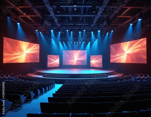 Wide conference stage with led video screens. Presentation event, seminar. Business, tech communication concept. Panel meeting with speaker, microphone. Audience in convention center hall. Corporate