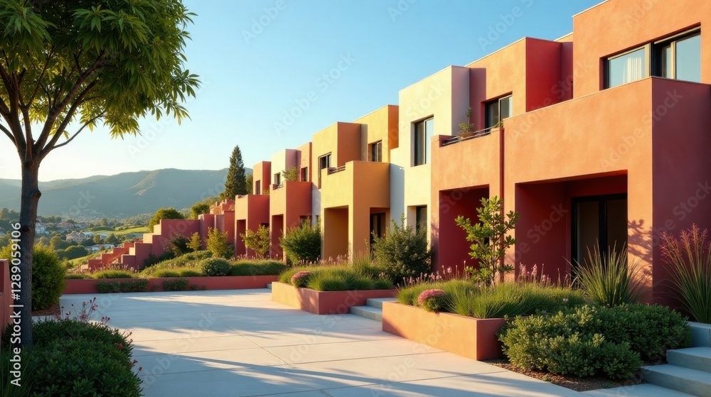 Fototapeta premium Modern Architectural Residential Complex with Landscaped Gardens and Hillside Views
