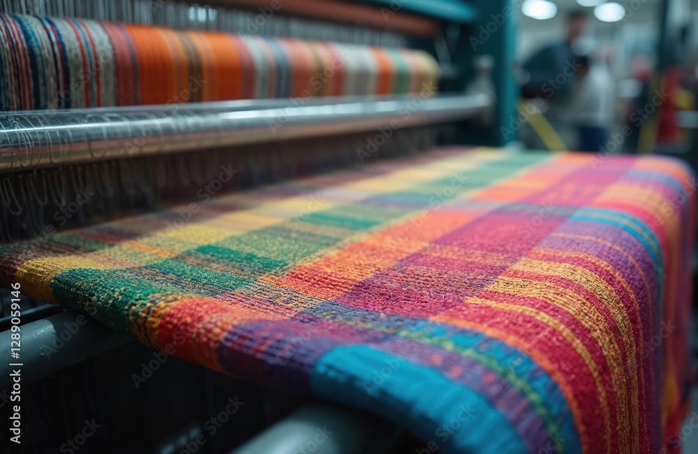 Close-up of intricate weaving machine produces colorful checked textile in factory. Modern fabric production process. Multi-colored threads, yarns create vibrant texture. Textile manufacture on Close-up of intricate weaving machine produces colorful checked textile in factory. Modern fabric production process. Multi-colored threads, yarns create vibrant texture. Textile manufacture on