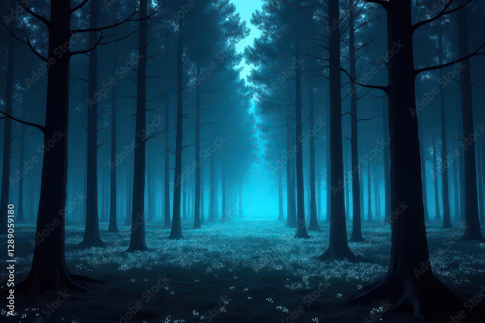 Fototapeta premium Foggy forest at night with misty trees and autumn foliage