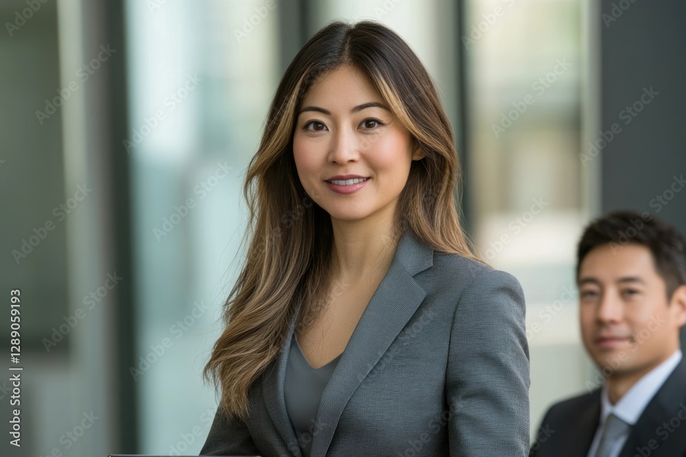 Confident young businesswoman in a gray suit, smiling and looking directly at the camera. Confident young businesswoman in a gray suit, smiling and looking directly at the camera.