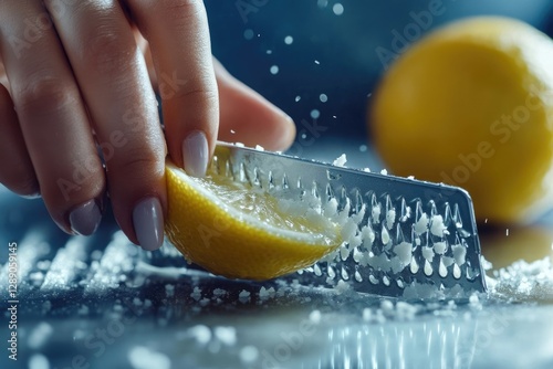 A woman's hand grates a lemon zest using a metal grater, creating a fresh citrus aroma. photo