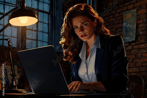 A focused woman with auburn hair works intensely on her laptop in a dimly lit room.