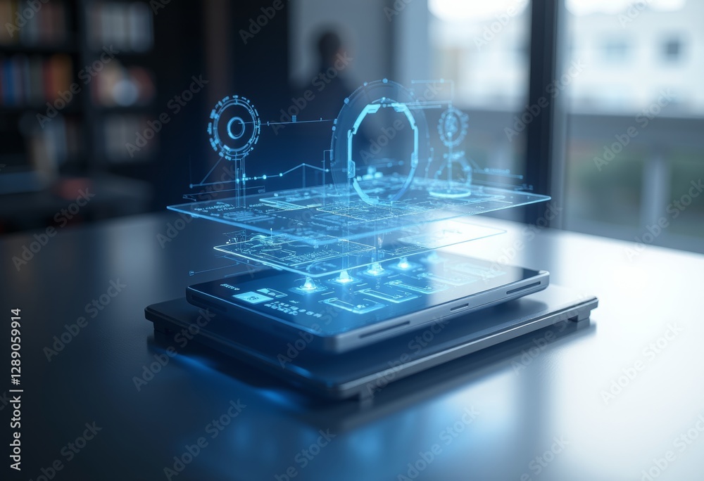 Fototapeta premium Holographic display of a smartphone with a futuristic interface and digital elements