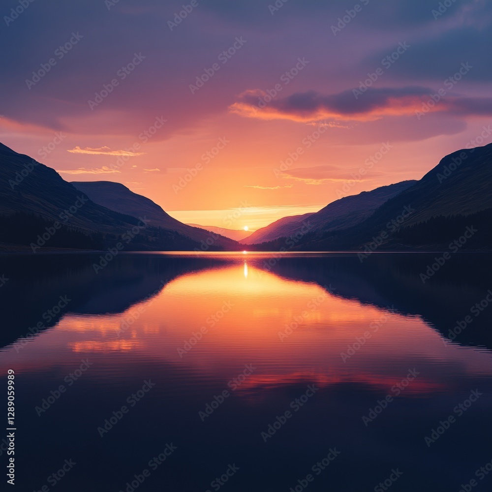 Fototapeta premium A breathtaking sunset over tranquil waters reflects vibrant colors across the sky and mountains. The serene landscape invites calm and inspires relaxation. Nature photography. AI