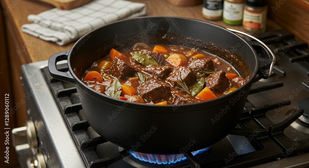 Cooking hearty beef stew in a dutch oven on gas stove Cooking hearty beef stew in a dutch oven on gas stove