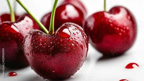 Panel kuchenny z motywem Soczysta czerwona wiśnia z kroplami wody na jasnym tle, makrofotografia