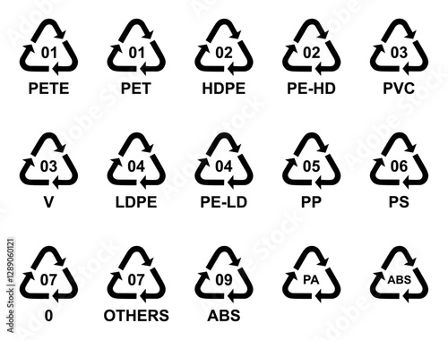 All plastic recycling code icon set. Plastic recycling code symbol. Plastic recycling codes PET, HDPE, PVC, LDPE, PP, PS, OTHER, ABS, PA. recycle, symbol, code, icon, vector.