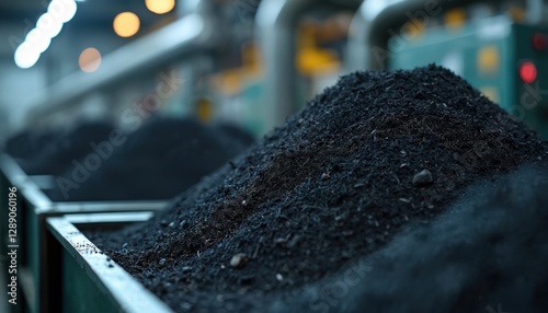 Close-up of biochar byproduct from biomass pyrolysis process collected in containers at high-tech facility. Renewable energy production, modern technology, clean environment concept. Sustainable