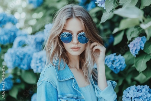 A young woman with blonde hair and blue round sunglasses poses amidst a vibrant backdrop of blue hydrangeas.