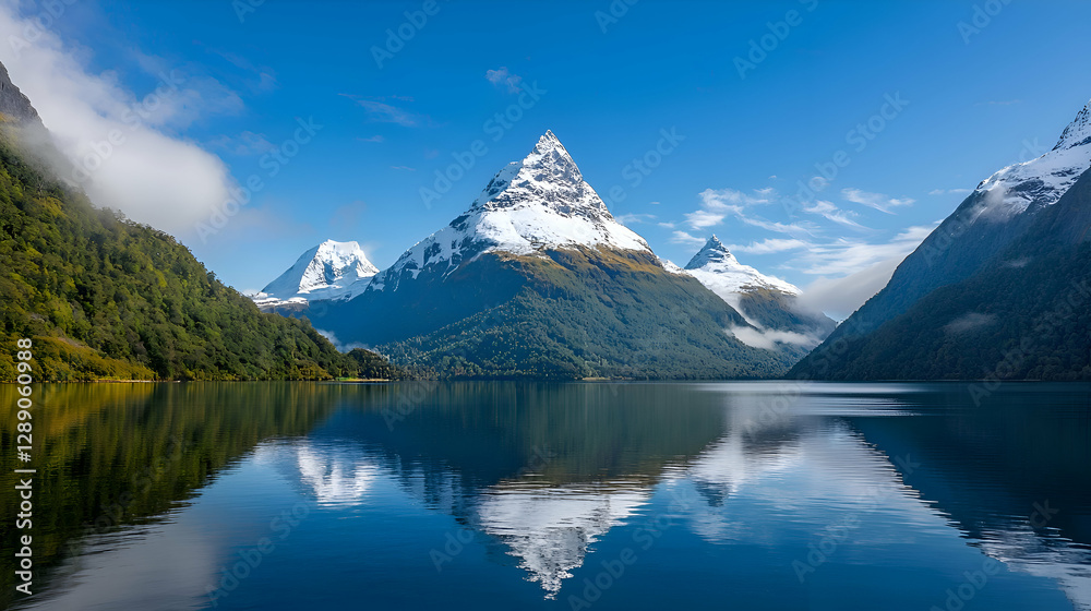 Majestic Snowcapped Mountain Peak Reflected in Calm Lake Majestic Snowcapped Mountain Peak Reflected in Calm Lake