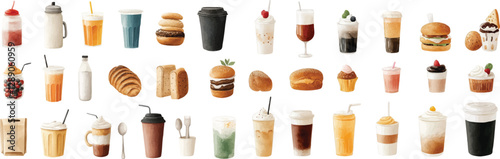 A set of high-detailed watercolor icons featuring freshly baked breads, trendy bubble tea, and vibrant drinks, illustrated in a modern