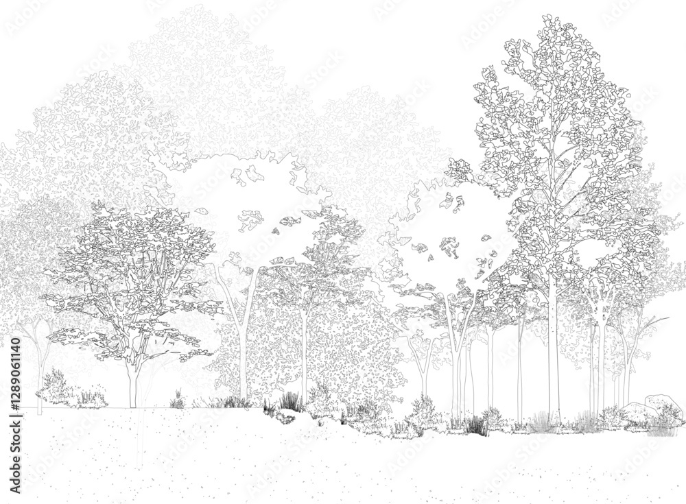 Architectural Drawings, Minimal style cad tree line drawing, Side view, set of section wetland forest outline for landscape design drawing. Vector illustration in seperate element