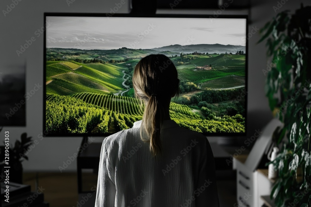 Fototapeta premium Woman watches scenic Tuscan countryside vineyard landscape on large screen TV.