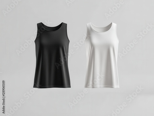 sleeveless tank top mockup. Two sleeveless tops in black and white displayed against a neutral background, showcasing a simple and stylish design. photo