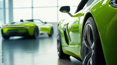 A car showroom displaying luxury hybrid roadsters. Featuring high performance and green technology