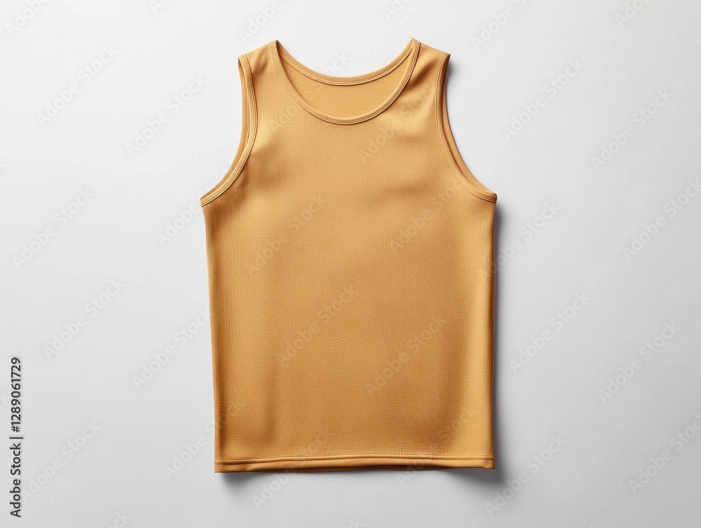 sleeveless tank top mockup. A textured mustard tank top displayed on a neutral background, showcasing casual summer fashion. sleeveless tank top mockup. A textured mustard tank top displayed on a neutral background, showcasing casual summer fashion.