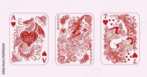 Ink minimal hand drawn sketch line art illustrations of Ace of Hearts, 7 of Hearts, and Joker playing cards in red colors, mythical characters like a phoenix, joker, and winged horse intricate swirls 